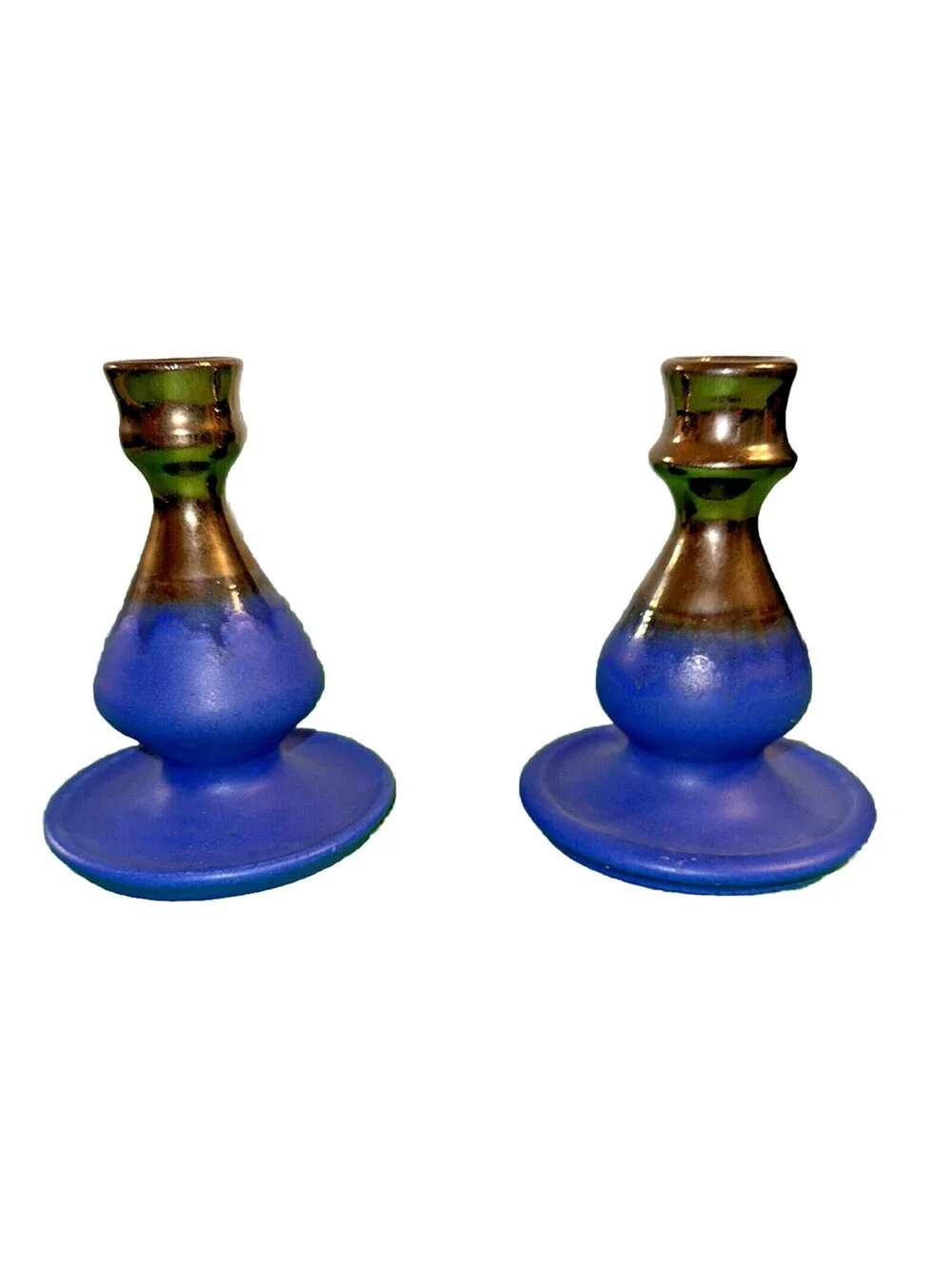 Set of 2 cobalt blue frosted glass candle sticks holders Hand Made In Greece